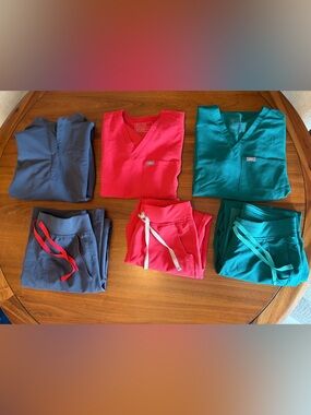 Figs Women's Scrub Sets in Hunter Green, Red and Gray